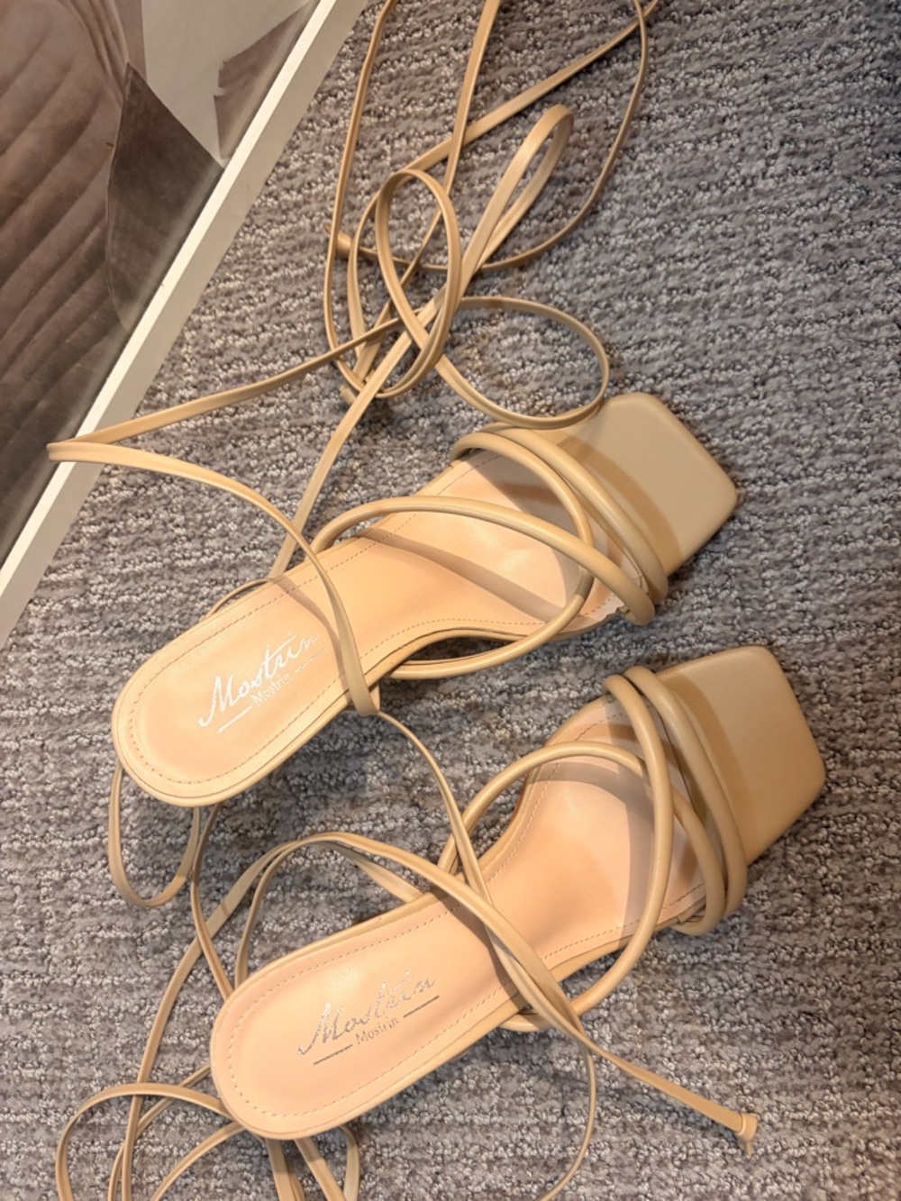 Nude Strappy Square-Toe Lace-Up Heels - Picture 2 of 6